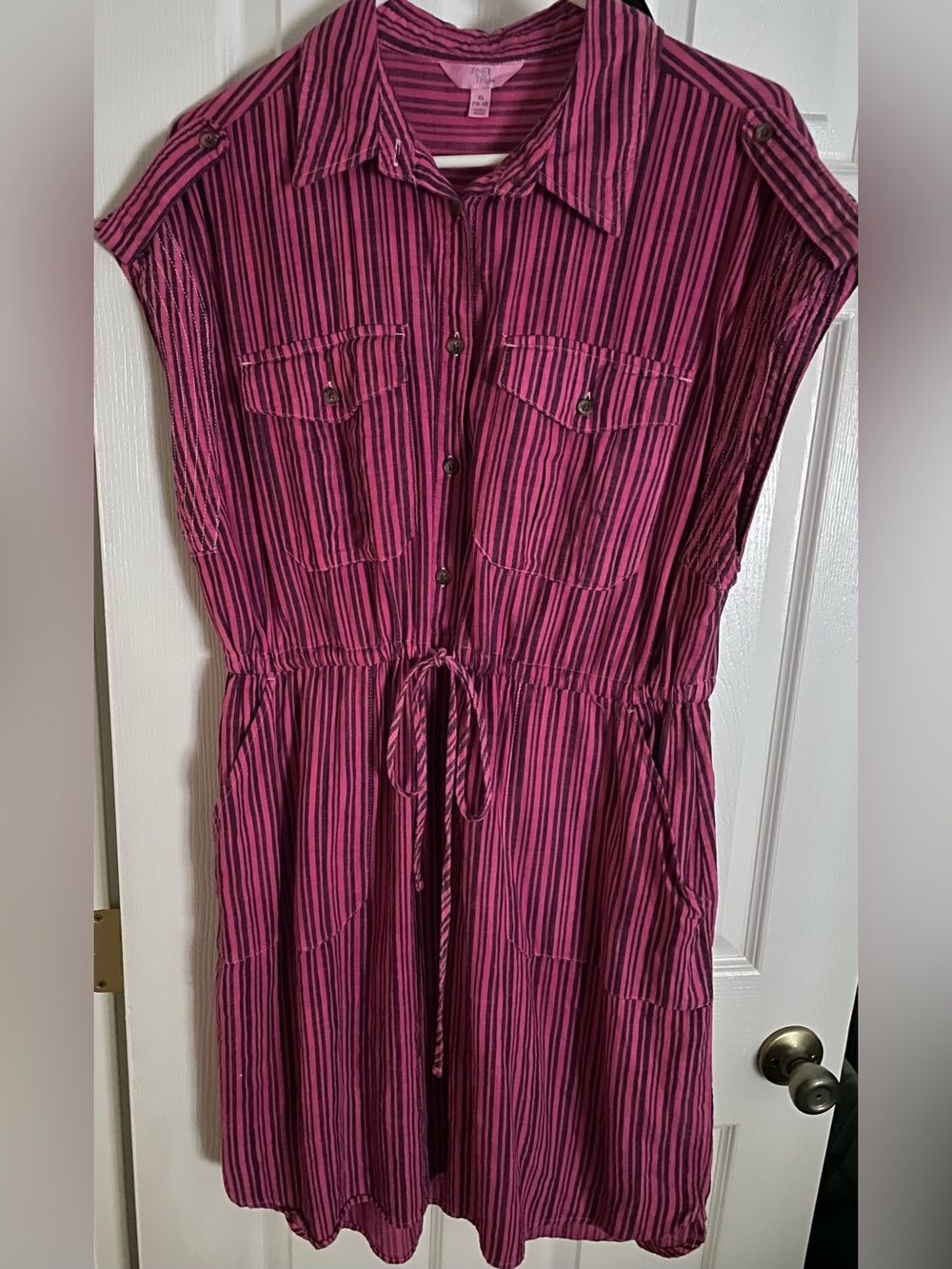 Time and Tru Short Sleeve Utility Shirt Dress. 
Magenta & Navy/Black Stripe